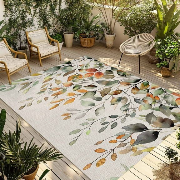 Fsddascl Orange Green Eucalyptus Leaves Outdoor Rug for Patio/Deck/Porch, Non-Slip Large Area Rug 4 x 6 Ft, Fall Botanical Rustic Indoor Outdoor Rugs Washable Area Rugs, Camping Rug Carpet