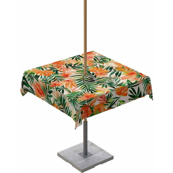 Fsddascl Orange Green Palm Leaves Outdoor Tablecloth - 60x60 Inch Square Dining Table Cover, Summer Tropical Floral Waterproof Outdoor Table Cloth with Umbrella Hole & Zipper for Picnic/Patio/Party