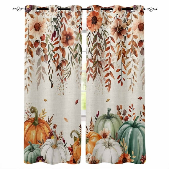 Fsddascl Orange Green Pumpkins Fall Blackout Curtains for Bedroom/Living Room, Thermal Insulated Kitchen Curtains, Thanksgiving Floral Botanical Rustic Grommet Darkening Window Treatment 52"x84"x2
