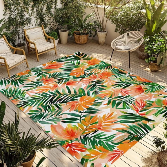 Fsddascl Orange Green Tropical Leaves Outdoor Rug for Patio/Deck/Porch, Non-Slip Large Area Rug 4 x 6 Ft, Summer Palm Floral Indoor Outdoor Rugs Washable Area Rugs, Reversible Camping Rug Carpet