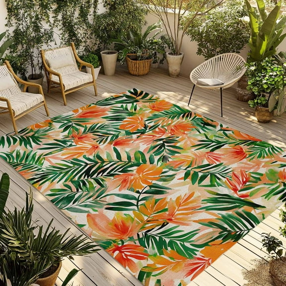 Fsddascl Orange Green Tropical Leaves Outdoor Rug for Patio/Deck/Porch, Non-Slip Large Area Rug 5 x 8 Ft, Summer Palm Floral Indoor Outdoor Rugs Washable Area Rugs, Reversible Camping Rug Carpet