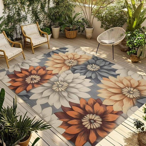 Fsddascl Orange Grey Dahlia Outdoor Rug for Patio/Deck/Porch, Non-Slip Large Area Rug 5 x 8 Ft, Spring Floral Vintage Indoor Outdoor Rugs Washable Area Rugs, Reversible Camping Rug Carpet Runner