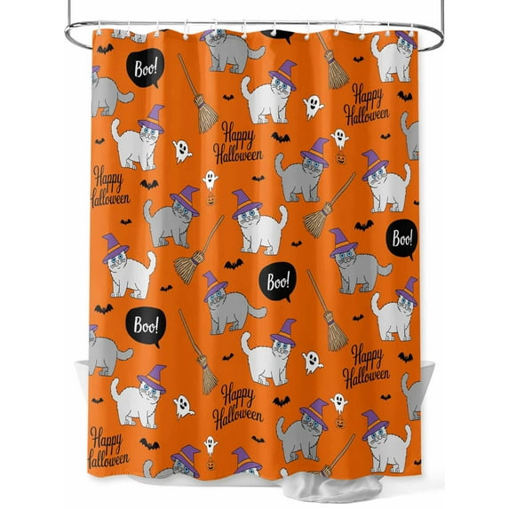 Fsddascl Orange Halloween Shower Curtain Set - Long 72" x 84" Washable Bathtub Curtain with 12 Hooks, Cat Bat Ghost Pumpkins Waterproof Fabric Stall Shower Curtains for Bathroom/Bathtub Décor