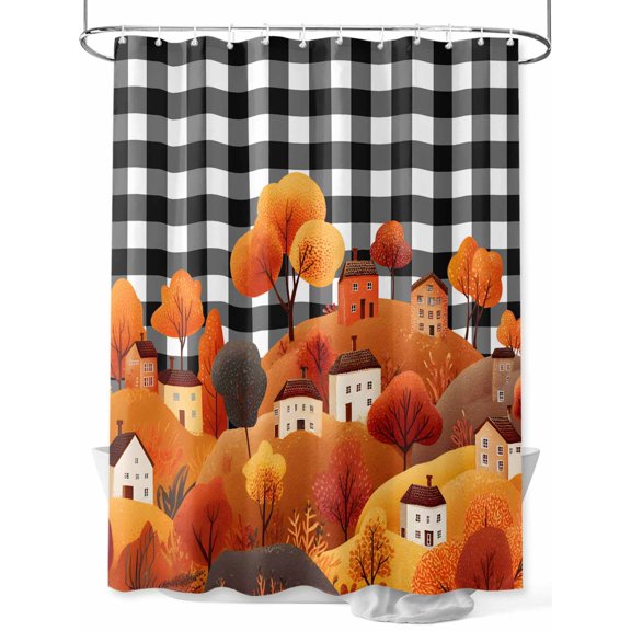 Fsddascl Orange Hill Fall Shower Curtain Set - Standard 72" x 72" Washable Bathtub Curtain with 12 Hooks, Thanksgiving Trees Cartoon House Retro Plaid Waterproof Fabric Shower Curtains for Bathroom