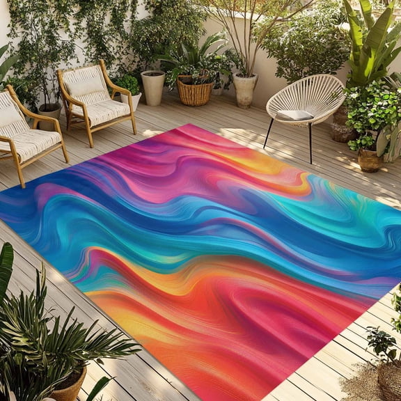 Fsddascl Orange Pink Blue Moire Outdoor Rug for Patio/Deck/Porch, Non-Slip Large Area Rug 4 x 6 Ft, Minimalist Abstract Waves Indoor Outdoor Rugs Washable Area Rugs, Reversible Camping Rug Carpet