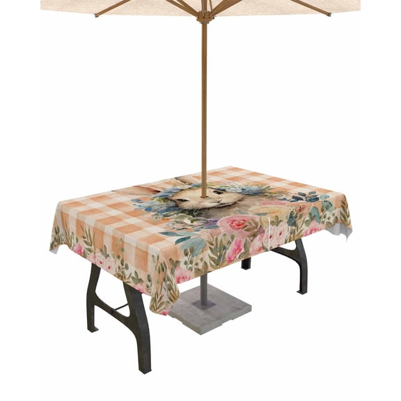 Fsddascl Orange Plaid Bunny Easter Outdoor Tablecloth - 52x70 Inch Rectangle Dining Table Cover, Spring Floral Pink Botanical Waterproof Outdoor Table Cloth with Umbrella Hole & Zipper for Patio