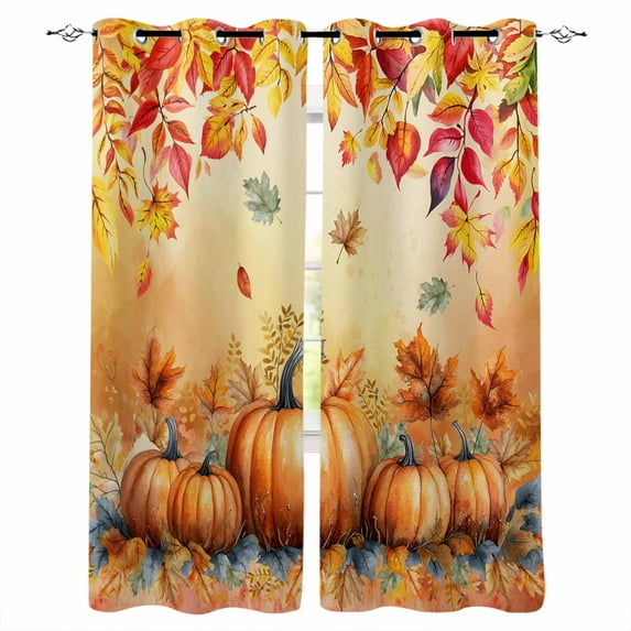 Fsddascl Orange Pumpkin Fall Blackout Curtains for Bedroom/Living Room, Thermal Insulated Kitchen Curtains, Thanksgiving Maple Eucalyptus Autumn Grommet Darkening Window Treatment Drapes 42"x84"x2
