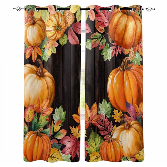 Fsddascl Orange Pumpkins Blackout Curtains for Bedroom/Living Room, Thermal Insulated Kitchen Curtains, Farmhouse Botanical Leaves Wooden Vintage Grommet Darkening Window Treatment Drapes 42"x63"x2