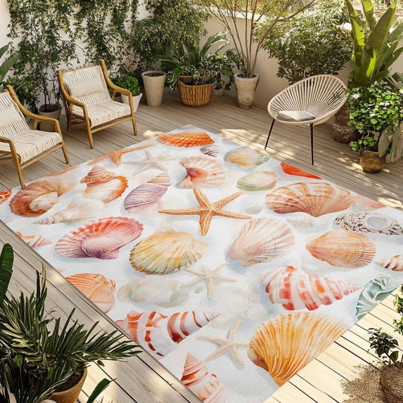 Fsddascl Orange Shells Coastal Outdoor Rug for Patio/Deck/Porch, Non-Slip Large Area Rug 6 x 9 Ft, Summer Beach Starfish Watercolor Indoor Outdoor Rugs Washable Area Rugs, Camping Rug Carpet