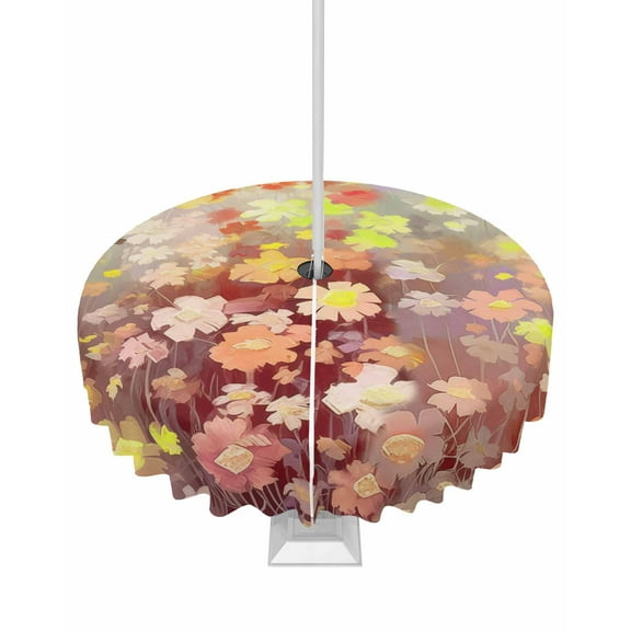 Fsddascl Orange Spring Floral Outdoor Tablecloth - 54 Inch Round Dining Table Cover, Modern Oil Painted Daisy Botanical Waterproof Outdoor Table Cloth with Umbrella Hole & Zipper for Picnic/Patio