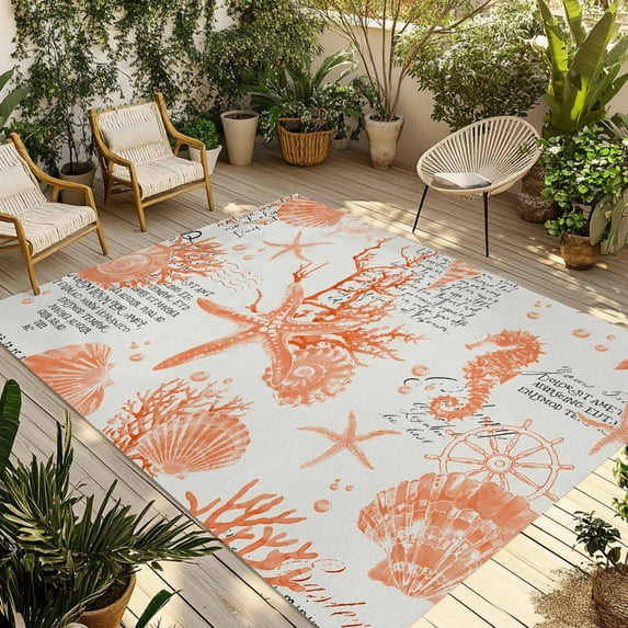 Fsddascl Orange Starfish Outdoor Rug for Patio/Deck/Porch, Non-Slip Large Area Rug 5 x 8 Ft, Rustic Ocean Coastal Shells Conch Coral Indoor Outdoor Rugs Washable Area Rugs, Camping Rug Carpet