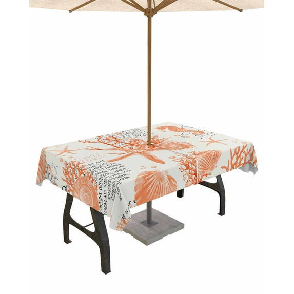 Fsddascl Orange Starfish Outdoor Tablecloth - 60x120 Inch Rectangle Dining Table Cover, Rustic Ocean Coastal Shells Conch Coral Waterproof Outdoor Table Cloth with Umbrella Hole & Zipper for Patio