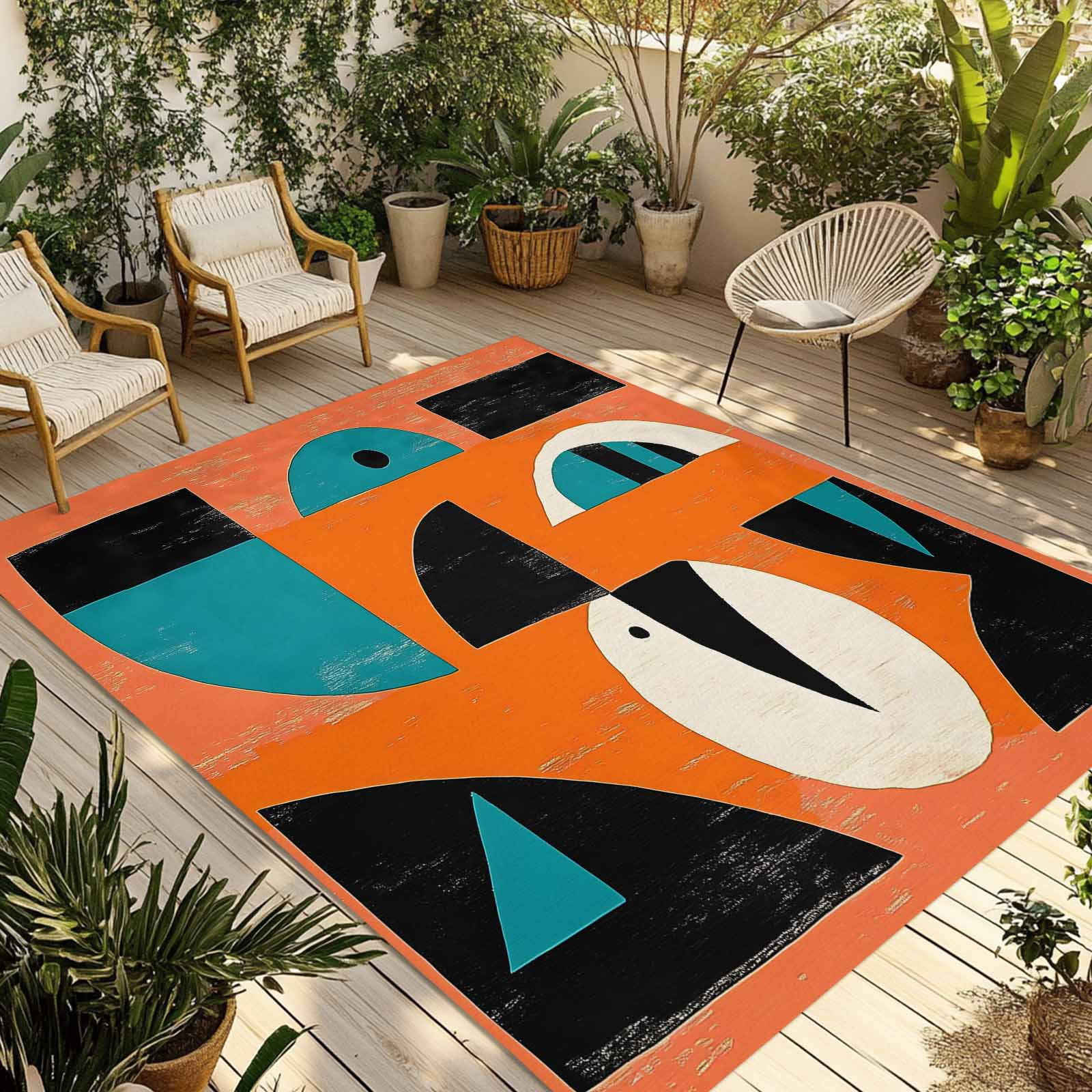 Fsddascl Orange Teal Black Outdoor Rug for Patio/Deck/Porch, Non