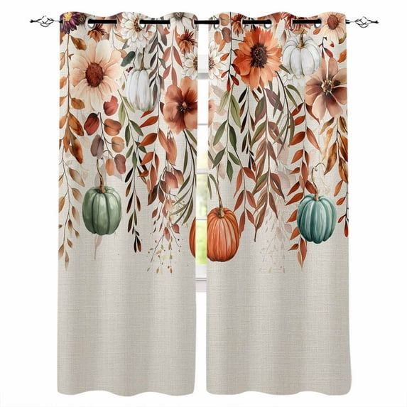 Fsddascl Orange Teal Fall Pumpkins Blackout Curtains for Bedroom/Living Room, Thermal Insulated Kitchen Curtains, Weeping Botanical Thanksgiving Vintage Grommet Darkening Window Treatment 42"x63"x2
