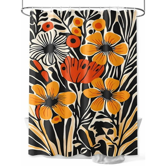 Fsddascl Orange Yellow Black Botanical Shower Curtain Set - Small 36" x 72" Washable Bathtub Curtain with 12 Hooks, Modernism Spring Floral Waterproof Fabric Stall Shower Curtains for Bathroom