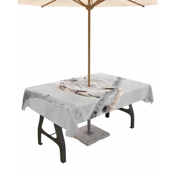 Fsddascl Owl On Branch Outdoor Tablecloth - 60x120 Inch Rectangle Dining Table Cover, Framhouse Winter Landscape Tree Birds Waterproof Outdoor Table Cloth with Umbrella Hole & Zipper for Patio