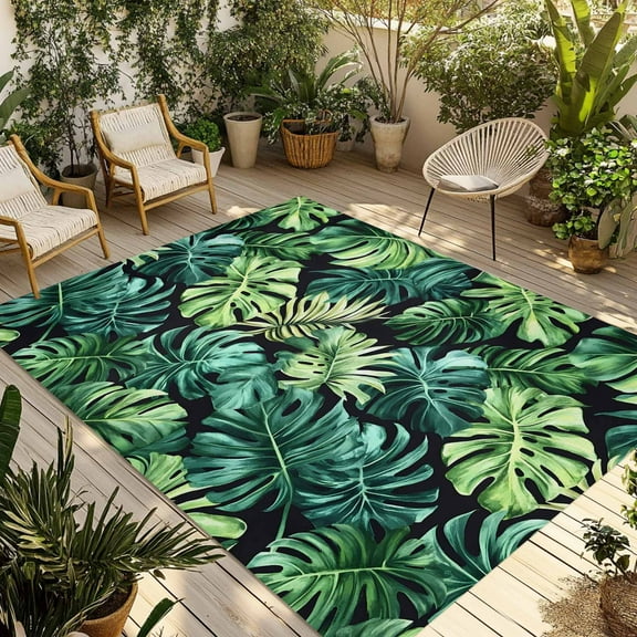 Fsddascl Palm Leaf Outdoor Rug for Patio/Deck/Porch, Non-Slip Large Area Rug 4 x 6 Ft, Green Tropical Plant Summer Nature Scenery Indoor Outdoor Rugs Washable Area Rugs, Camping Rug Carpet