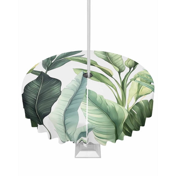 Fsddascl Palm Leaves Outdoor Tablecloth - 60 Inch Round Dining Table Cover, Simple Summer Botanical Tropical Plants Waterproof Outdoor Table Cloth with Umbrella Hole & Zipper for Picnic/Patio/Party