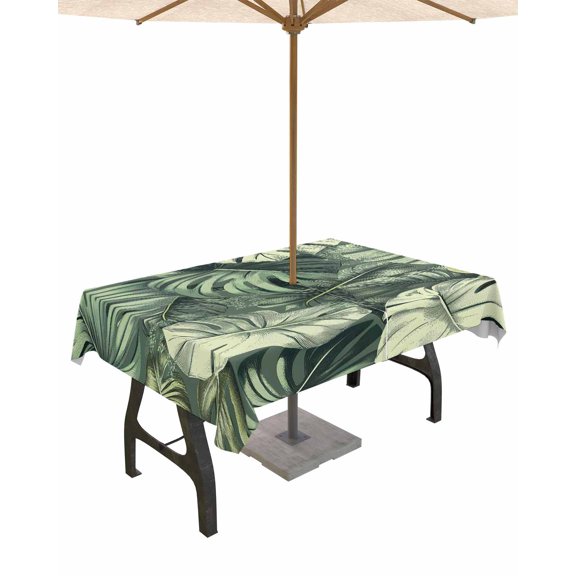 Fsddascl Palm Leaves Outdoor Tablecloth - 60x120 Inch Rectangle Dining Table Cover, Country Summer Botanical Tropical Plants Waterproof Outdoor Table Cloth with Umbrella Hole & Zipper for Patio