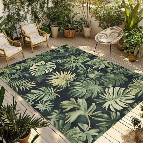 Fsddascl Palm Tree Leaves Outdoor Rug for Patio/Deck/Porch, Non-Slip Large Area Rug 6 x 9 Ft, Summer Tropical Green Botanical Indoor Outdoor Rugs Washable Area Rugs, Reversible Camping Rug Carpet