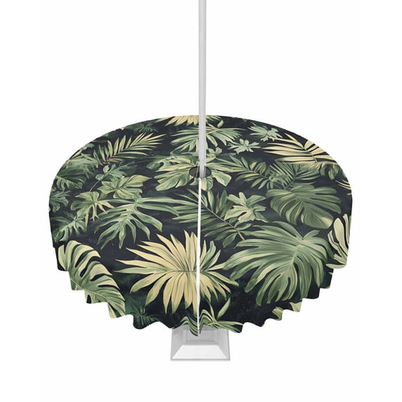 Fsddascl Palm Tree Leaves Outdoor Tablecloth - 54 Inch Round Dining Table Cover, Summer Tropical Green Botanical Waterproof Outdoor Table Cloth with Umbrella Hole & Zipper for Picnic/Patio/Party