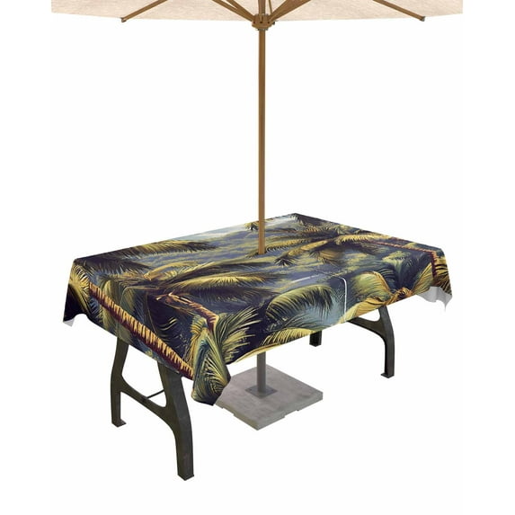 Fsddascl Palm Tree Outdoor Tablecloth - 60x84 Inch Rectangle Dining Table Cover, Farmhouse Watercolor Tropical Plant Leaves Waterproof Outdoor Table Cloth with Umbrella Hole & Zipper for Patio