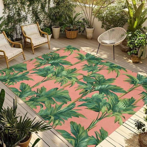 Fsddascl Palm Tree Tropical Outdoor Rug for Patio/Deck/Porch, Non-Slip Large Area Rug 6 x 9 Ft, Pink Summer Botanical Leaves Indoor Outdoor Rugs Washable Area Rugs, Reversible Camping Rug Carpet