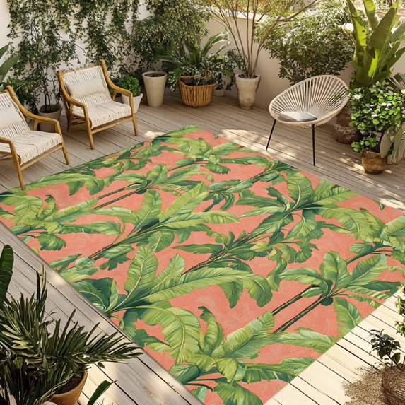 Fsddascl Palm Tree Tropical Outdoor Rug for Patio/Deck/Porch, Non-Slip Large Area Rug 6 x 9 Ft, Pink Summer Green Botanical Indoor Outdoor Rugs Washable Area Rugs, Reversible Camping Rug Carpet