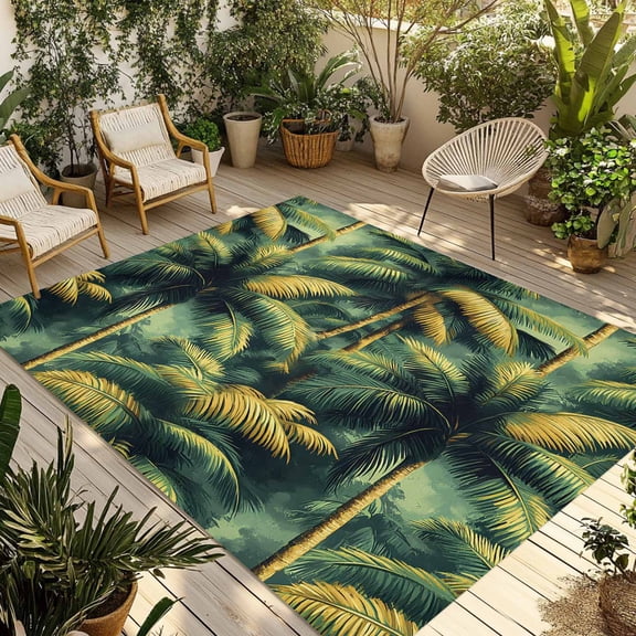 Fsddascl Palm Trees Outdoor Rug for Patio/Deck/Porch, Non-Slip Large Area Rug 5 x 8 Ft, Summer Green Nature Forest Scenery Indoor Outdoor Rugs Washable Area Rugs, Reversible Camping Rug Carpet