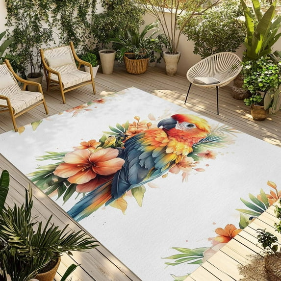 Fsddascl Parrot Outdoor Rug for Patio/Deck/Porch, Non-Slip Large Area Rug 5 x 8 Ft, Spring Floral Botanical Blossom Motif Indoor Outdoor Rugs Washable Area Rugs, Reversible Camping Rug Carpet Runner