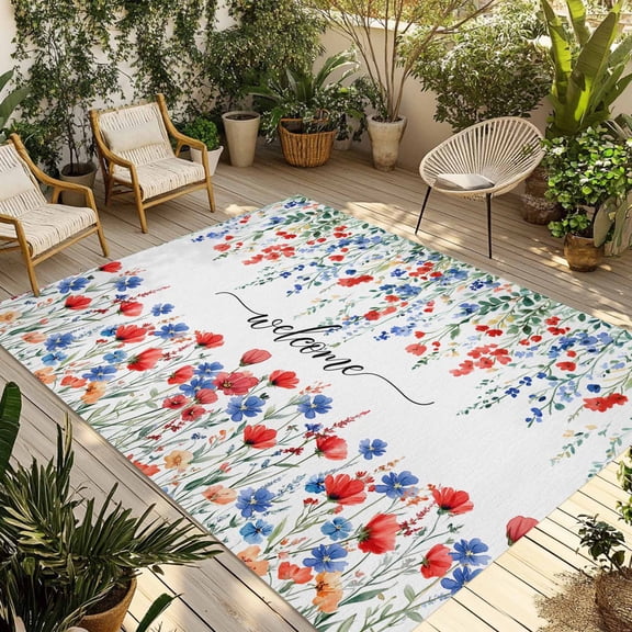 Fsddascl Pastoral Botanical Outdoor Rug for Patio/Deck/Porch, Non-Slip Large Area Rug 4 x 6 Ft, Blue Red Floral Spring Welcome Indoor Outdoor Rugs Washable Area Rugs, Reversible Camping Rug Carpet