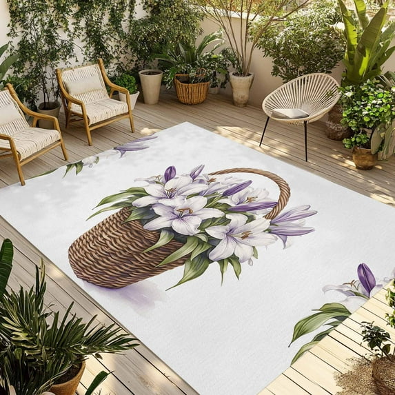 Fsddascl Pastoral Floral Outdoor Rug for Patio/Deck/Porch, Non-Slip Large Area Rug 5 x 8 Ft, Spring Meadow Blooms Botanical Indoor Outdoor Rugs Washable Area Rugs, Reversible Camping Rug Carpet