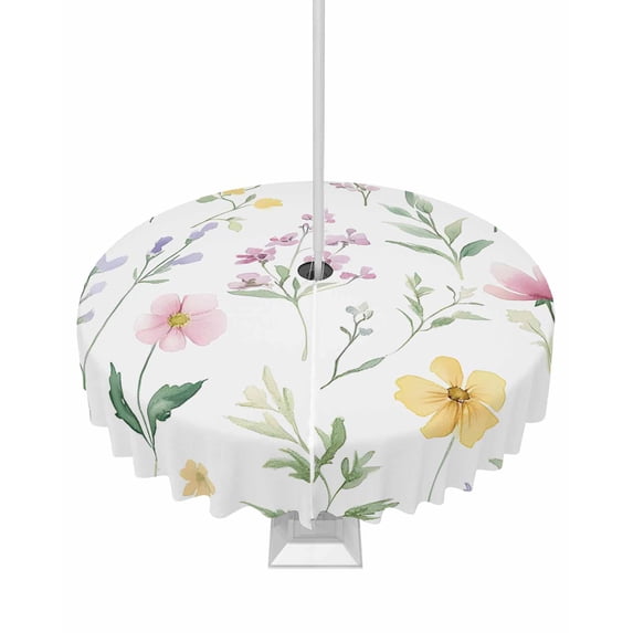 Fsddascl Pastoral Floral Outdoor Tablecloth - 60 Inch Round Dining Table Cover, Spring Summer Botanical Flowers Waterproof Outdoor Table Cloth with Umbrella Hole & Zipper for Picnic/Patio/Party