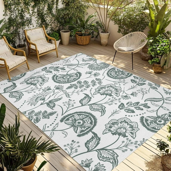 Fsddascl Pastoral Flowers Outdoor Rug for Patio/Deck/Porch, Non-Slip Large Area Rug 4 x 6 Ft, Vintage Grey-blue Farmhouse Plant Indoor Outdoor Rugs Washable Area Rugs, Reversible Camping Rug Carpet