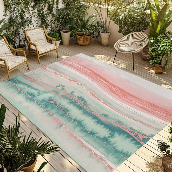 Fsddascl Peach Blue Ombre Outdoor Rug for Patio/Deck/Porch, Non-Slip Large Area Rug 6 x 9 Ft, Abstract Modern Art Fluid Striped Indoor Outdoor Rugs Washable Area Rugs, Reversible Camping Rug Carpet