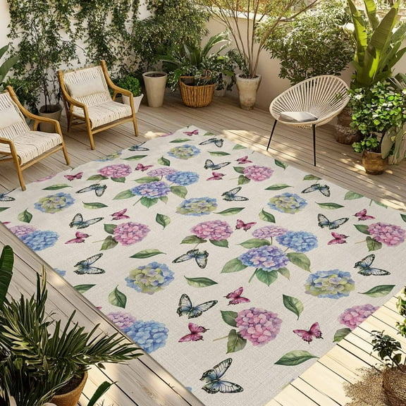 Fsddascl Pink Blue Hydrangea Outdoor Rug for Patio/Deck/Porch, Non-Slip Large Area Rug 4 x 6 Ft, Spring Summer Botanical Flowers Indoor Outdoor Rugs Washable Area Rugs, Reversible Camping Rug Carpet
