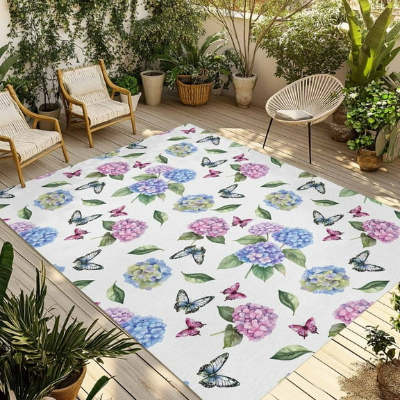 Fsddascl Pink Blue Hydrangea Outdoor Rug for Patio/Deck/Porch, Non-Slip Large Area Rug 6 x 9 Ft, Pastoral Watercolor Botanical Flowers Indoor Outdoor Rugs Washable Area Rugs, Camping Rug Carpet