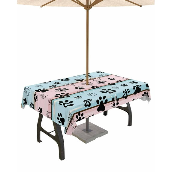 Fsddascl Pink Blue Paw Print Outdoor Tablecloth - 54x80 Inch Rectangle Dining Table Cover, Vintage Farmhouse Shabby Wooden Grain Waterproof Outdoor Table Cloth with Umbrella Hole & Zipper for Patio