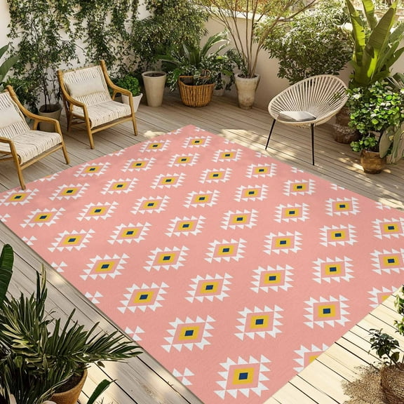 Fsddascl Pink Boho Outdoor Rug for Patio/Deck/Porch, Non-Slip Large Area Rug 4 x 6 Ft, Aztec Southwest Geometric Ethnic Motifs Indoor Outdoor Rugs Washable Area Rugs, Reversible Camping Rug Carpet