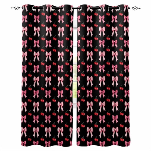 Fsddascl Pink Bow Blackout Curtains for Bedroom/Living Room, Thermal Insulated Kitchen Curtains, Red Cherry Black Cute Preppy Aesthetic Grommet Darkening Window Treatment Drapes 27.5"x39"x2