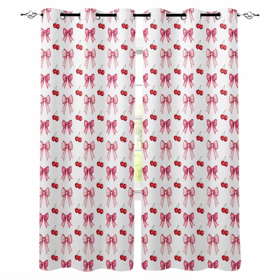 Fsddascl Pink Bow Cherry Blackout Curtains for Bedroom/Living Room, Thermal Insulated Kitchen Curtains, Sweet Romantic Preppy Grommet Darkening Window Treatment Drapes 52"x72"x2