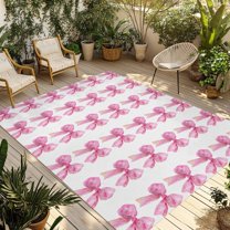 Fsddascl Pink Bow Ribbon Outdoor Rug for Patio/Deck/Porch, Non-Slip Large Area Rug 5 x 8 Ft, Bowknot Bow Tie Aesthetics Minimalist Indoor Outdoor Rugs Washable Area Rugs, Camping Rug Carpet