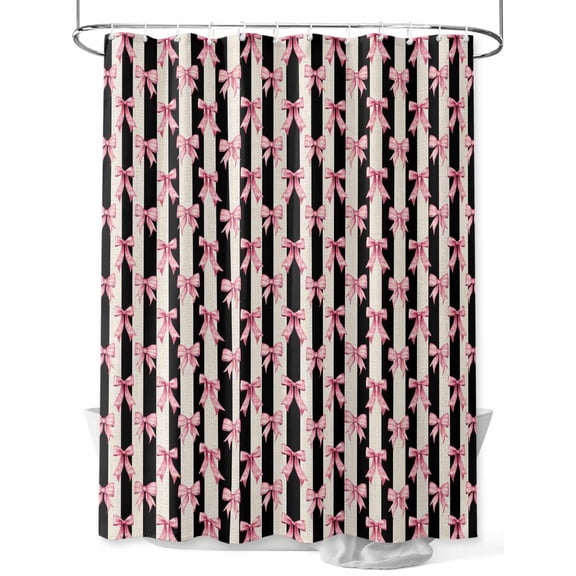 Fsddascl Pink Bow Shower Curtain Set - Extra Long 72" x 96" Washable Bathtub Curtain with 12 Hooks, Black Beige Vintage Striped Sweet Art Waterproof Fabric Stall Shower Curtains for Bathroom/Bathtub