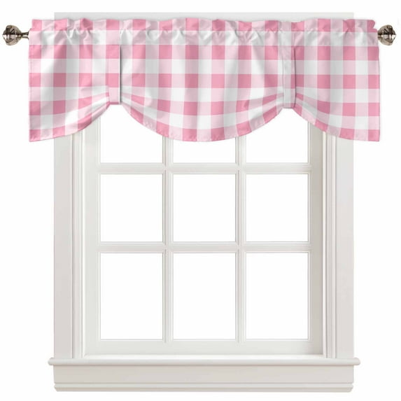 Fsddascl Pink Checkered Tie Up Valance Curtains for Windows, Kitchen Curtains Window Treatments, Pink White Buffalo Plaid Short Window Shades Valances for Bedroom Bathroom Cafe 42"x18"