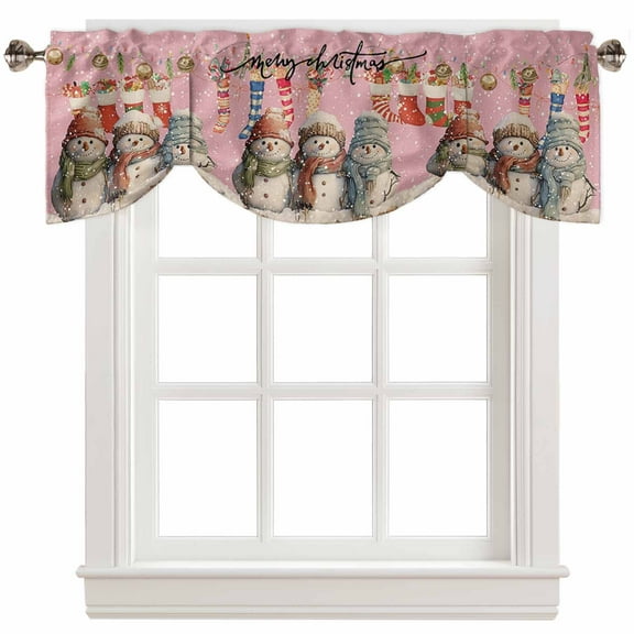 Fsddascl Pink Christmas Tie Up Valance Curtains for Windows, Kitchen Curtains Window Treatments, Xmas Stocking Snowman Winter Snowflake Short Window Shades Valances for Bedroom Bathroom Cafe 42"x18"