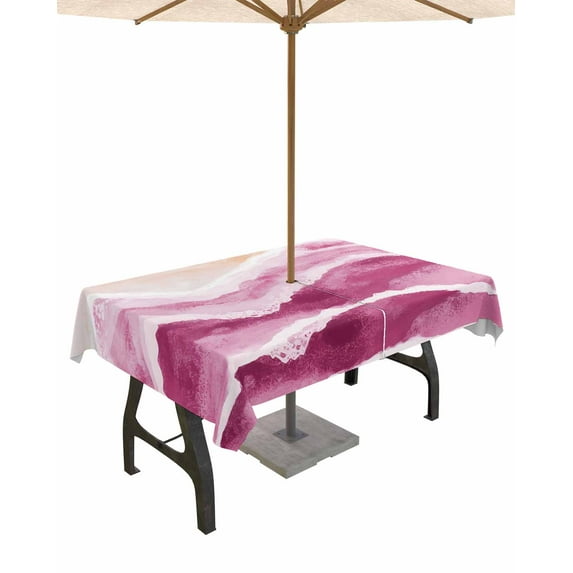 Fsddascl Pink Coastal Beach Outdoor Tablecloth - 60x102 Inch Rectangle Dining Table Cover, Modern Oil Painting Nautical Waterproof Outdoor Table Cloth with Umbrella Hole & Zipper for Picnic/Patio