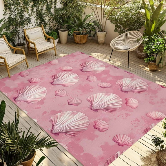 Fsddascl Pink Coastal Shell Outdoor Rug for Patio/Deck/Porch, Non-Slip Large Area Rug 5 x 8 Ft, Summer Ocean Beach Nautical Indoor Outdoor Rugs Washable Area Rugs, Reversible Camping Rug Carpet