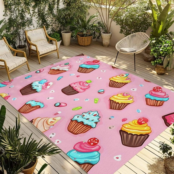 Fsddascl Pink Dessert Outdoor Rug for Patio/Deck/Porch, Non-Slip Large Area Rug 5 x 8 Ft, Modern Art Cute Indoor Outdoor Rugs Washable Area Rugs, Reversible Camping Rug Carpet Runner