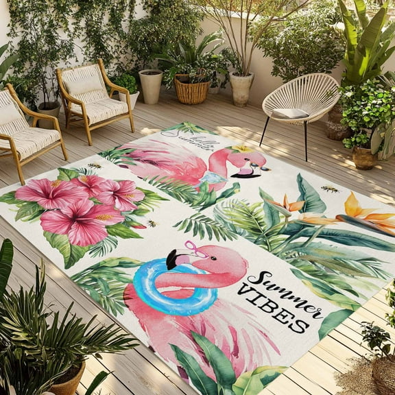 Fsddascl Pink Flamingos Outdoor Rug for Patio/Deck/Porch, Non-Slip Large Area Rug 6 x 9 Ft, Summer Palm Leaf Tropical Botanical Indoor Outdoor Rugs Washable Area Rugs, Reversible Camping Rug Carpet