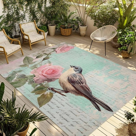 Fsddascl Pink Flower Outdoor Rug for Patio/Deck/Porch, Non-Slip Large Area Rug 4 x 6 Ft, Spring Bird Branch Blue Vintage Mottled Indoor Outdoor Rugs Washable Area Rugs, Reversible Camping Rug Carpet